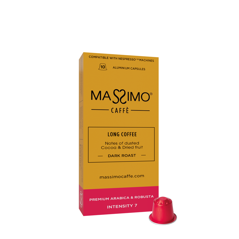 Lungo<br>Arabica & Robusta - Medium Roast - Aluminium capsules<br><br><p style="color: #ffffff !important; font-size: 16px; font-family: 'Roboto', sans-serif; font-weight: 400; text-transform: none;">Notes of dusted Cocoa & Dried fruit</p>