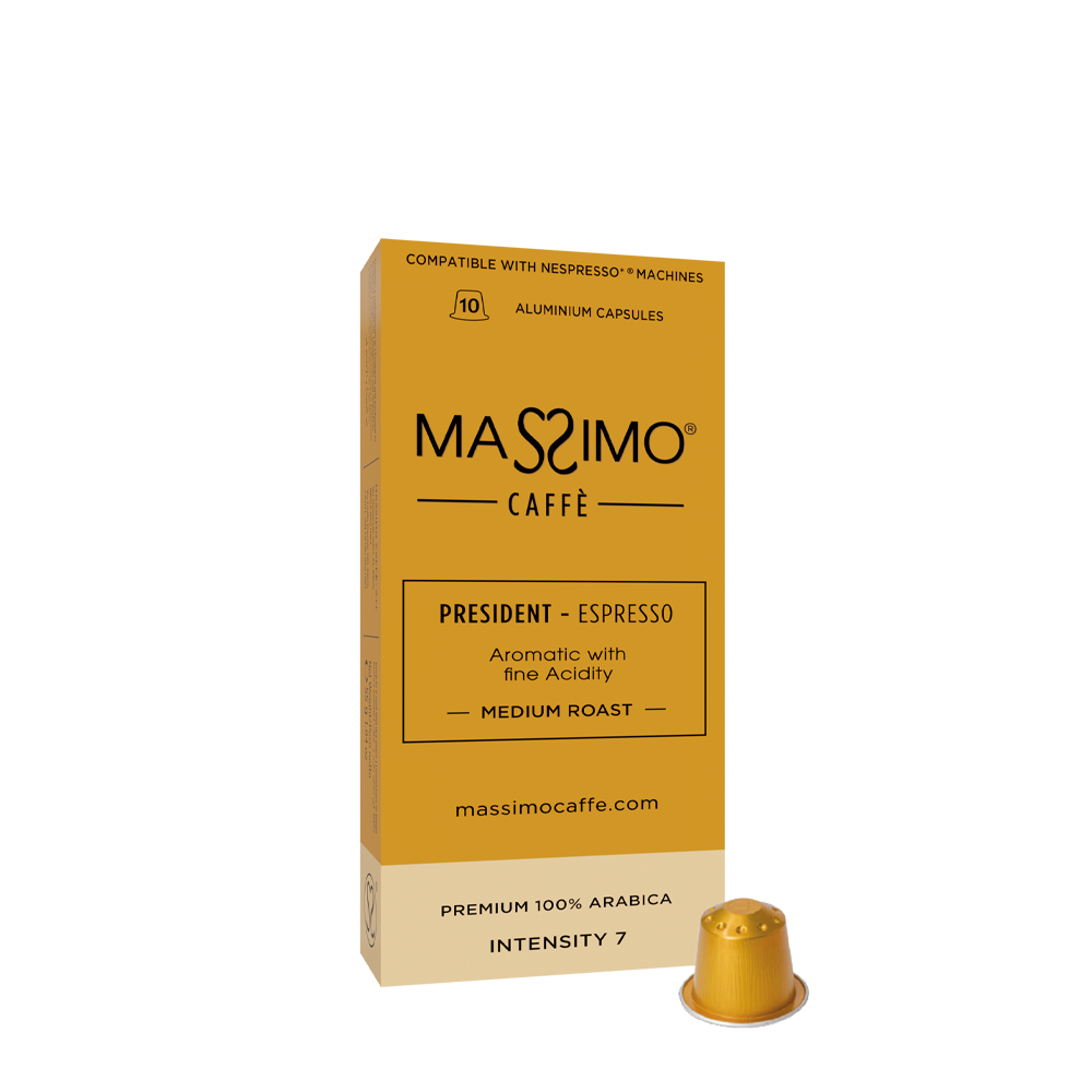 President<br>100% Arabica - Medium Roast - Aluminium Capsules<br><br><p style="font-size: 16px; font-family: 'Roboto', sans-serif; font-weight: 400; text-transform: none;">Aromatic with fine Acidity.</p>