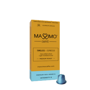 TIMELESS (Decaf.)<br>100% Arabica - Medium Roast - Aluminium capsules<br><br><p style="font-size: 16px; font-family: 'Roboto', sans-serif; font-weight: 400; text-transform: none;">Light & Balanced</p>