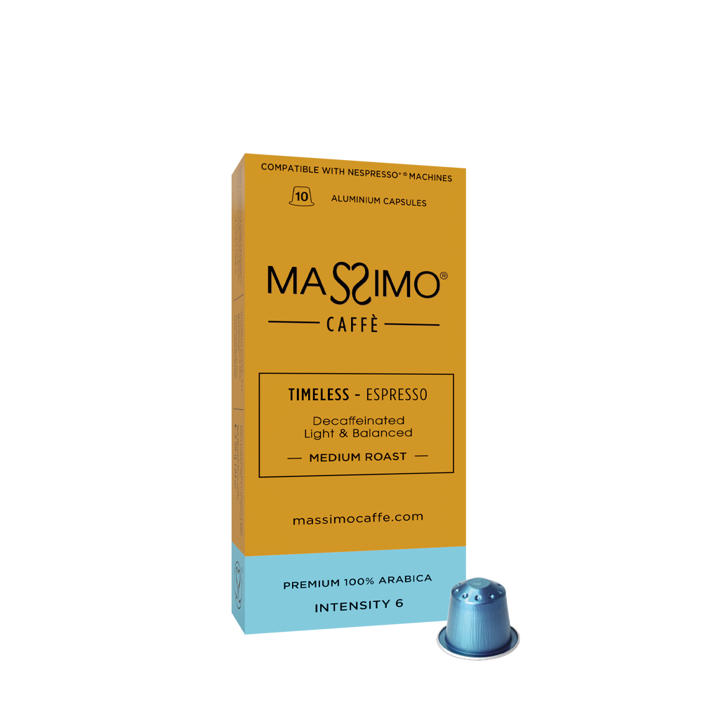 TIMELESS (Decaf.)<br>100% Arabica - Medium Roast - Aluminium capsules<br><br><p style="font-size: 16px; font-family: 'Roboto', sans-serif; font-weight: 400; text-transform: none;">Light & Balanced</p>