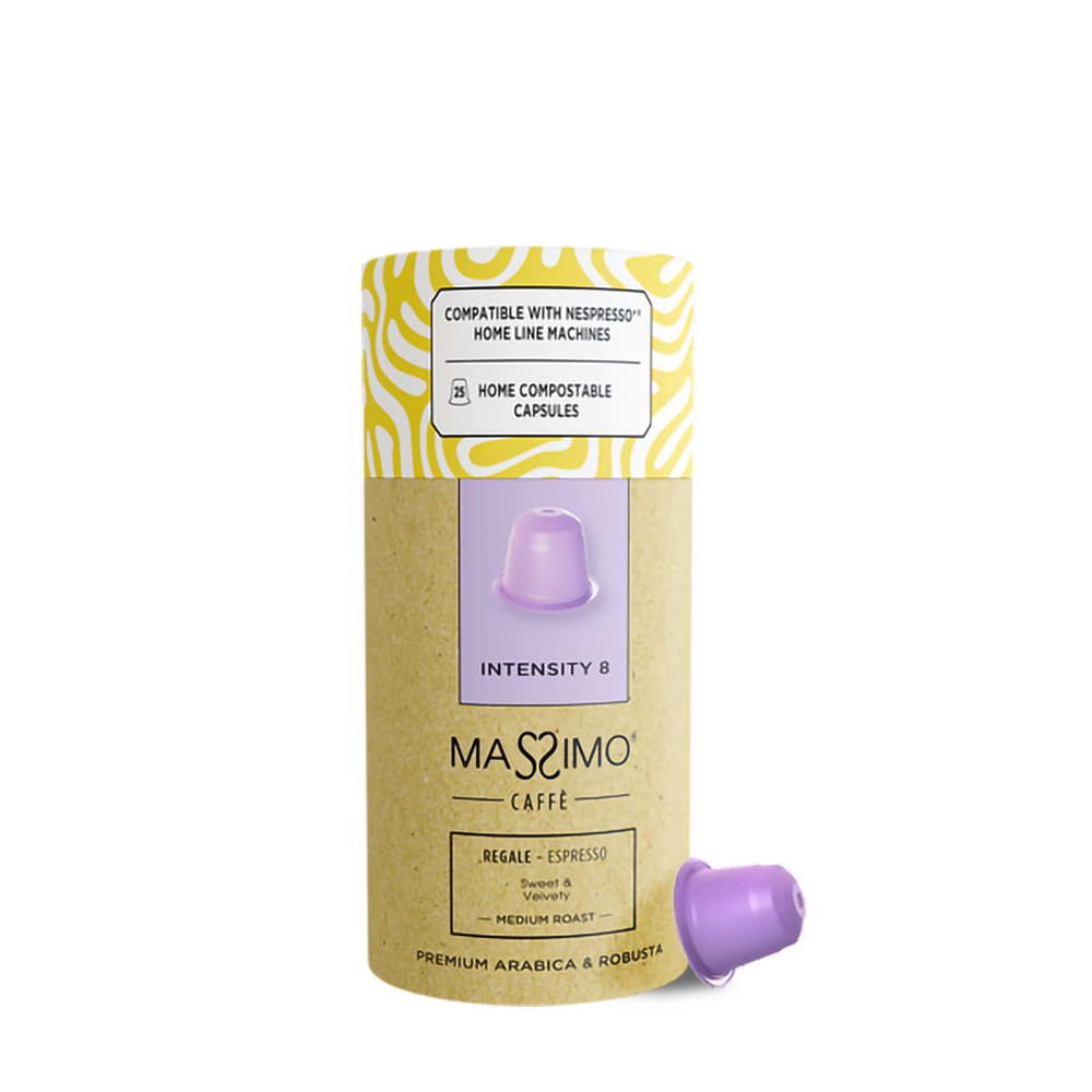 Regale blend<br>Premium Arabica & Robusta<BR><BR>Home Compostable capsules <br><p style="color: #ffffff !important; font-size: 16px; font-family: 'Roboto', sans-serif; font-weight: 400; text-transform: none;">Sweet & Velvety</p>