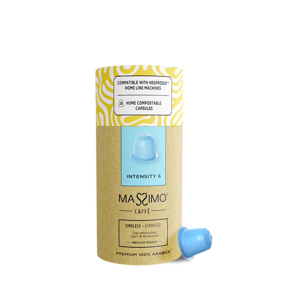 Timeless (Decaf.)<br>premium 100% Arabica<BR><BR>Home Compostable capsules <br><br><p style="color: #ffffff !important; font-size: 16px; font-family: 'Roboto', sans-serif; font-weight: 400; text-transform: none;">Light & well Balanced</p>