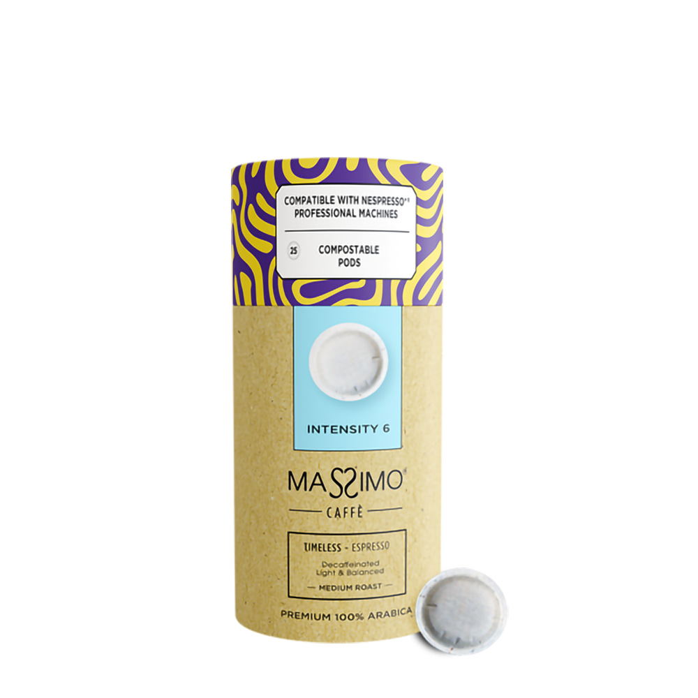 Timeless (Decaf.)<br>Premium 100% Arabica<BR><BR>Sustainable PODS<br><p style="color: #ffffff !important; font-size: 16px; font-family: 'Roboto', sans-serif; font-weight: 400; text-transform: none;">Light & well Balanced</p>